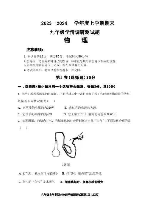 【物理】2023～2024学年度上学期期末九年级学情调研测试题