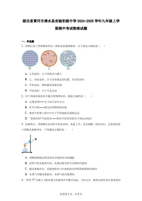 湖北省黄冈市浠水县实验初级中学2024-2025学年九年级上学期期中考试物理试题
