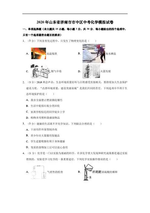 2020年山东省济南市化学中考模拟仿真预测试卷解析版
