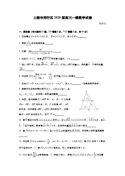 上海市闵行区2020年高三第一学期期末(一模)学科质量检测数学试卷(逐题精解版)