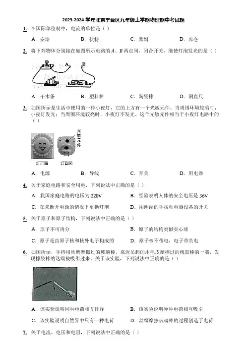 2023-2024学年北京丰台区九年级上学期物理期中考试题