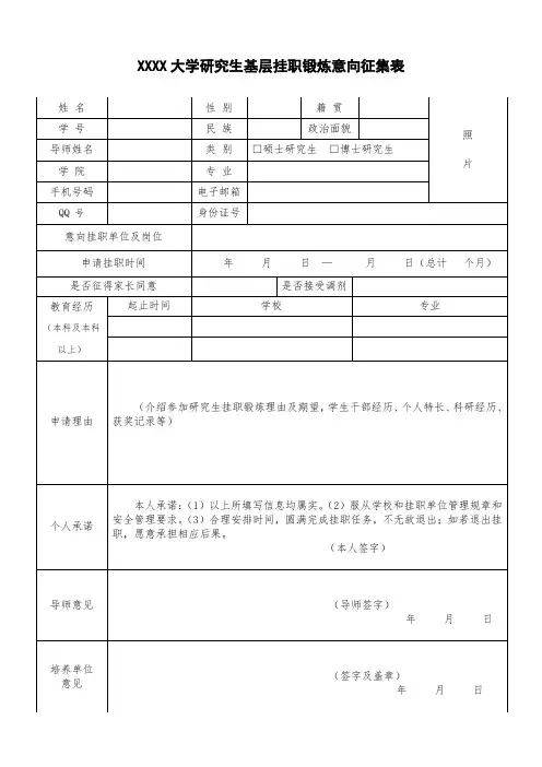 研究生基层挂职锻炼意向征集表