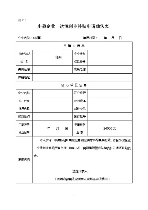 小微企业一次性创业补贴申请确认表