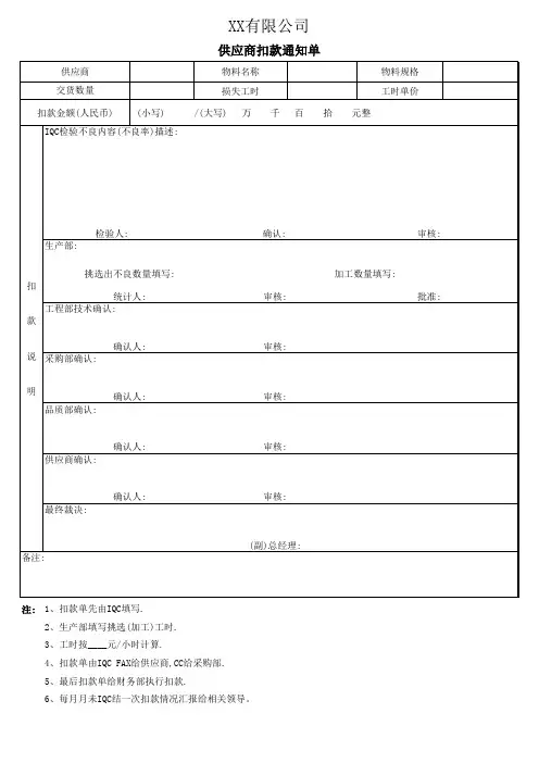 供应商扣款通知单