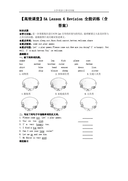 科普版-英语-五年级上册-【高效课堂】5A Lesson 6 Revision 全能训练(含答案)