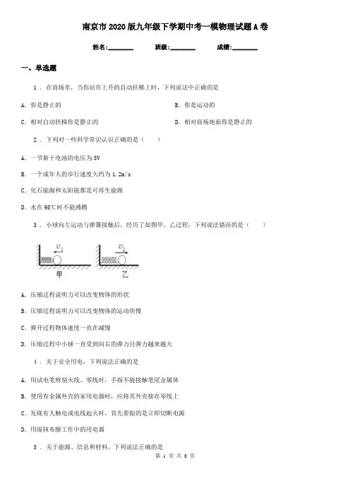 南京市2020版九年级下学期中考一模物理试题A卷