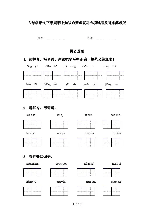 六年级语文下学期期中知识点整理复习专项试卷及答案苏教版