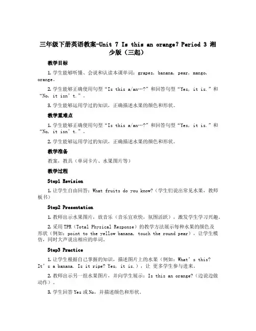 三年级下册英语教案-Unit 7 Is this an orange？ Period 3湘少版(三起