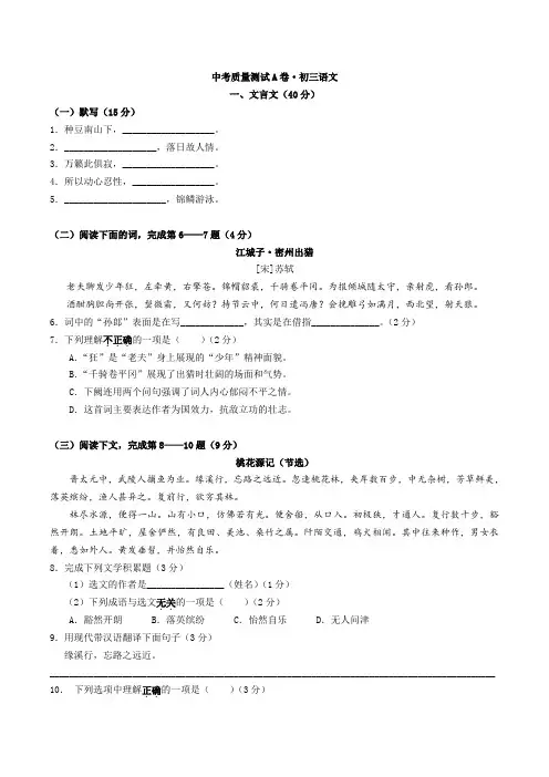 初三语文中考质量检测试卷(含答案)
