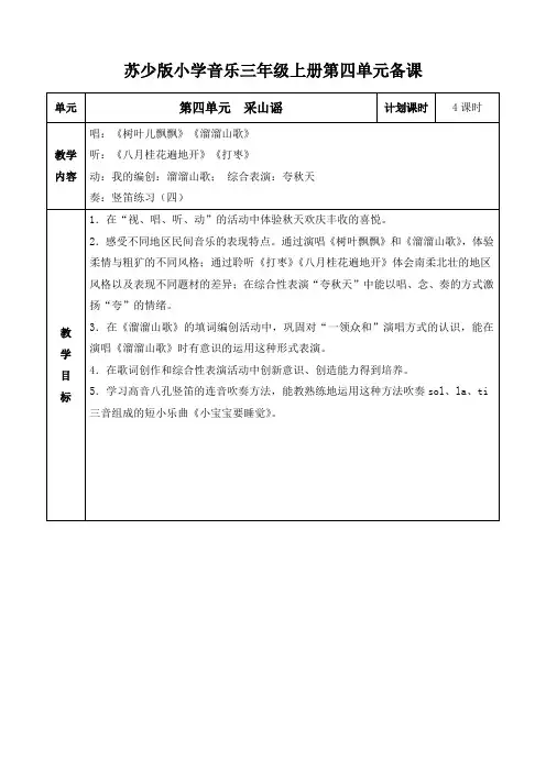 苏少版小学音乐三年级上册第四单元备课(王心畅)