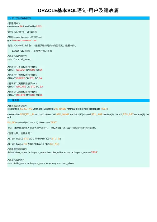 ORACLE基本SQL语句-用户及建表篇