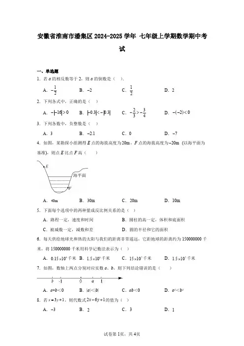 安徽省淮南市潘集区2024-2025学年七年级上学期数学期中考试