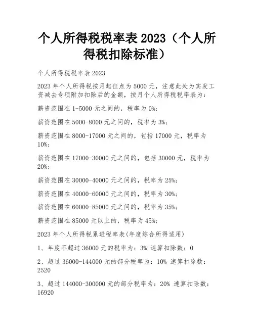 个人所得税税率表2023(个人所得税扣除标准)