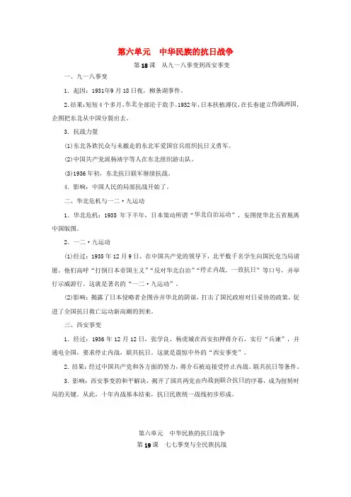 八年级历史上册第六单元中华民族的抗日战争知识梳理新人教版