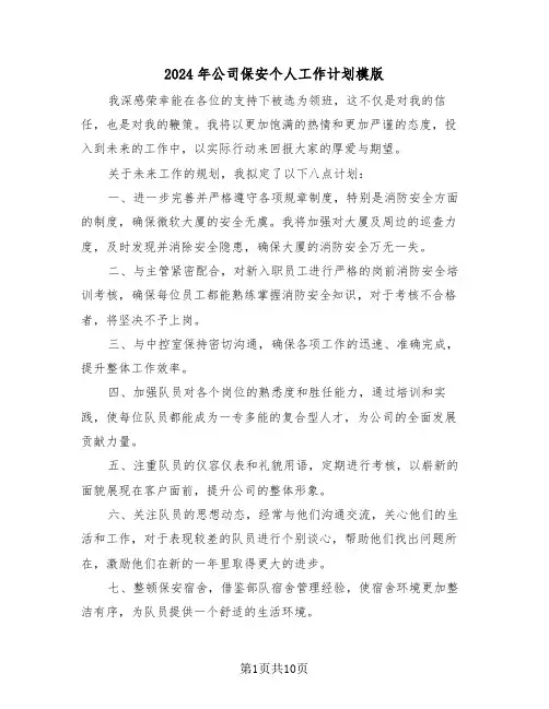 2024年公司保安个人工作计划模版（六篇）