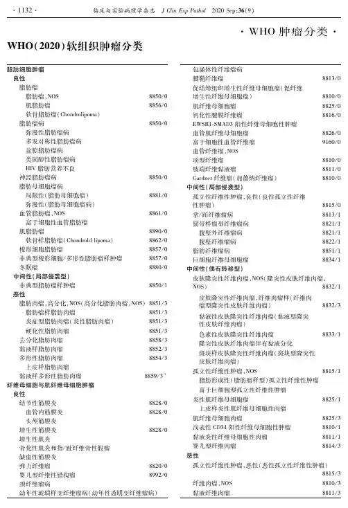 WHO(2020)软组织肿瘤分类