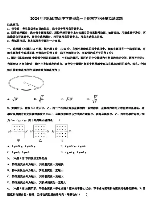 2024年绵阳市重点中学物理高一下期末学业质量监测试题含解析