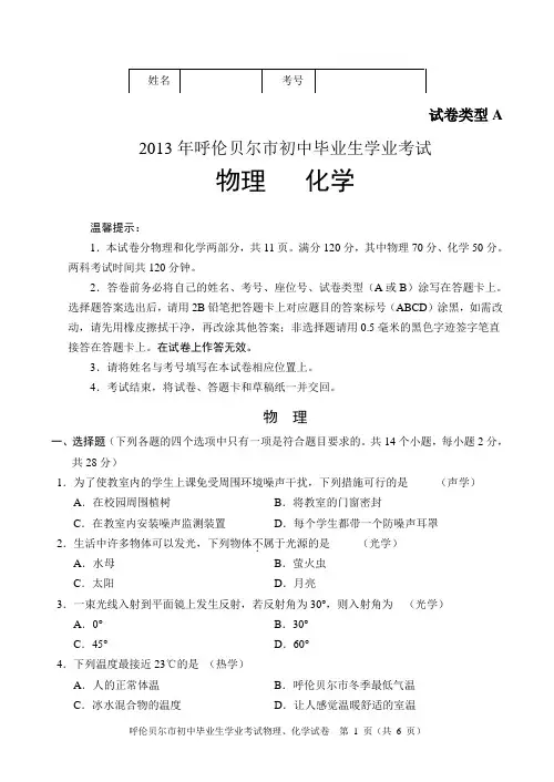 呼伦贝尔市2013年中考物理试题卷