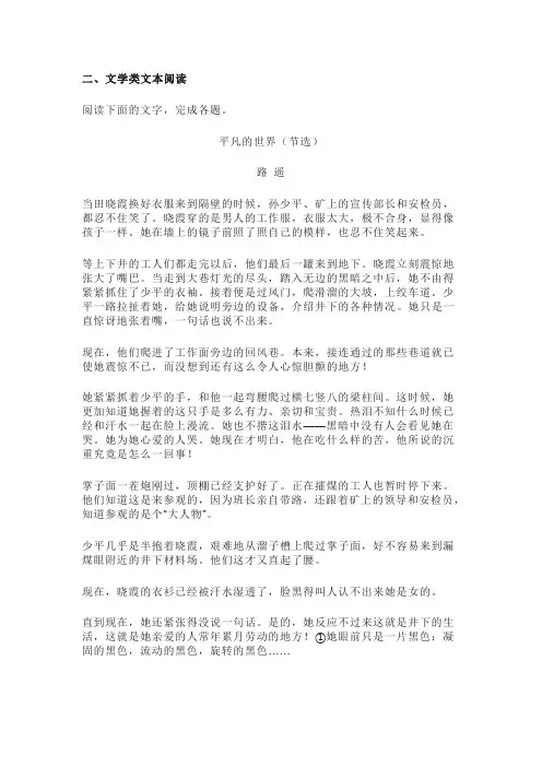 文学类文本路遥《平凡的世界田晓霞大煤矿采访》阅读练习及答案