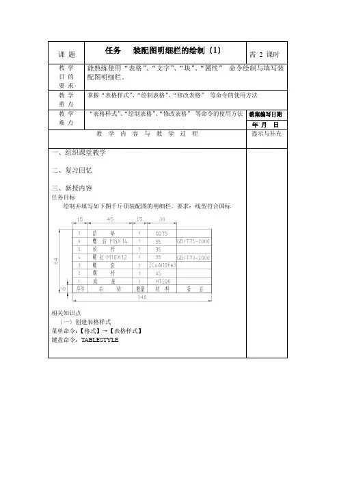 CAD装配图明细栏的绘制