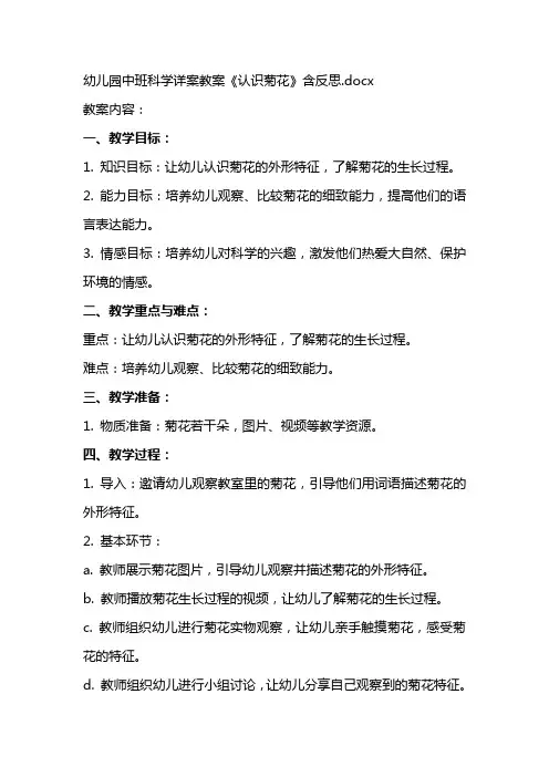 幼儿园中班科学详案教案《认识菊花》含反思