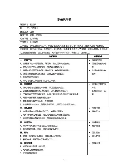 门店组长职位说明书