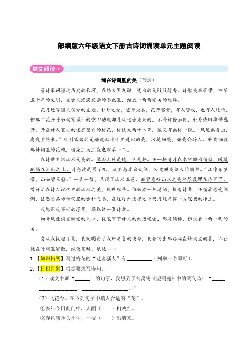 部编版六年级语文下册古诗词诵读单元主题阅读试卷2套附答案