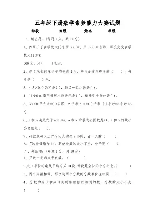 五年级下册数学素养能力大赛试题