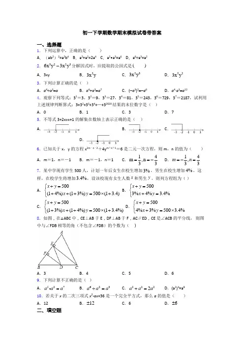 初一下学期数学期末模拟试卷带答案