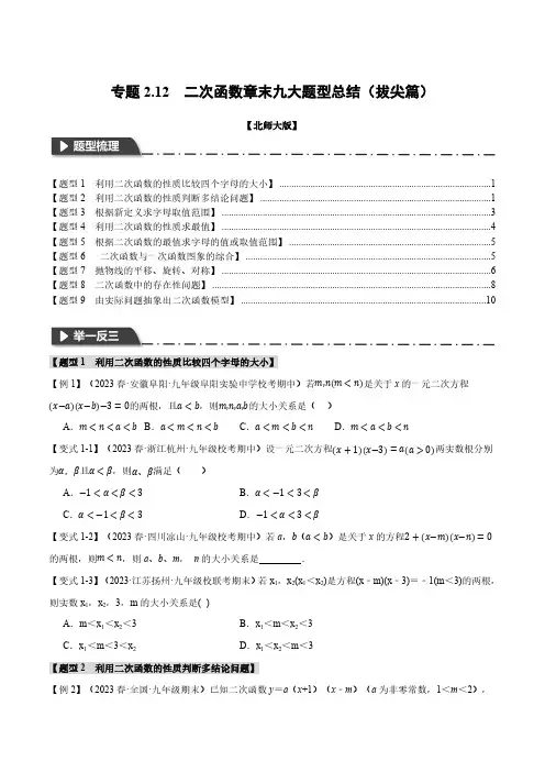 专题2.12 二次函数章末九大题型总结(拔尖篇)(北师大版)(原卷版)