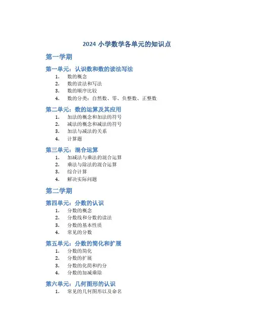 2024小学数学各单元的知识点