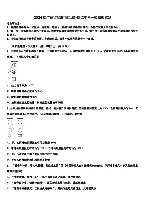 2024届广东省深圳市深圳外国语中考一模物理试题含解析