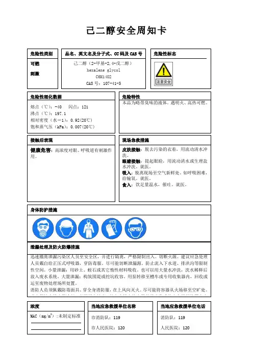 己二醇安全周知卡、职业危害告知卡、理化特性表