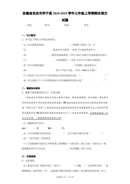 安徽省安庆市怀宁县2018-2019学年七年级上学期期末语文试题