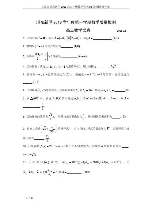 上海市浦东新区2019高三一模数学卷word版(附详细答案)