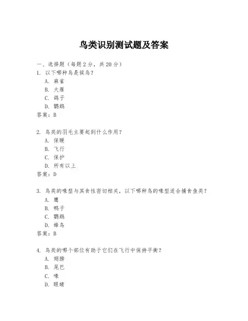 鸟类识别测试题及答案