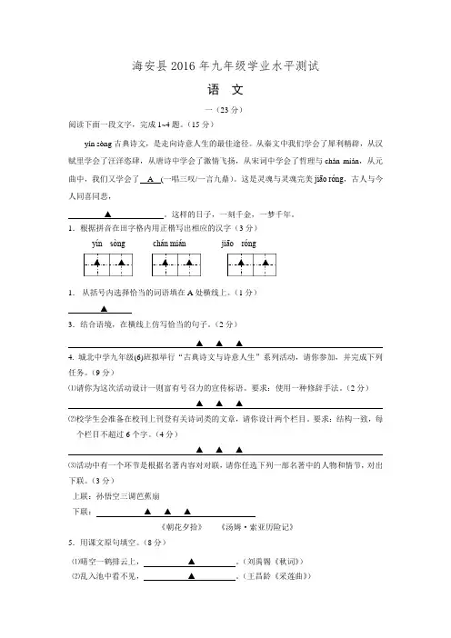 江苏省南通市海安县2016届九年级学业水平考试语文试卷.doc