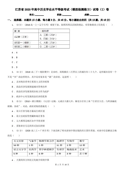 江苏省2020年高中历史学业水平等级考试(模拟检测练习)试卷(I)卷