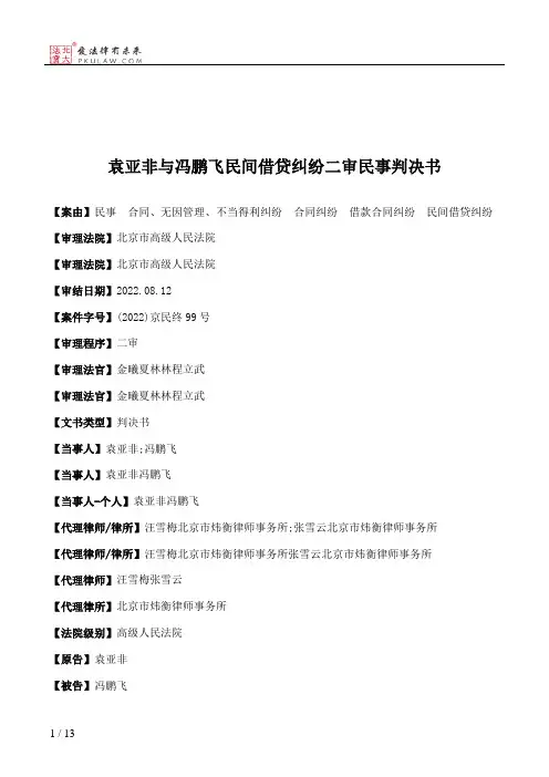 袁亚非与冯鹏飞民间借贷纠纷二审民事判决书