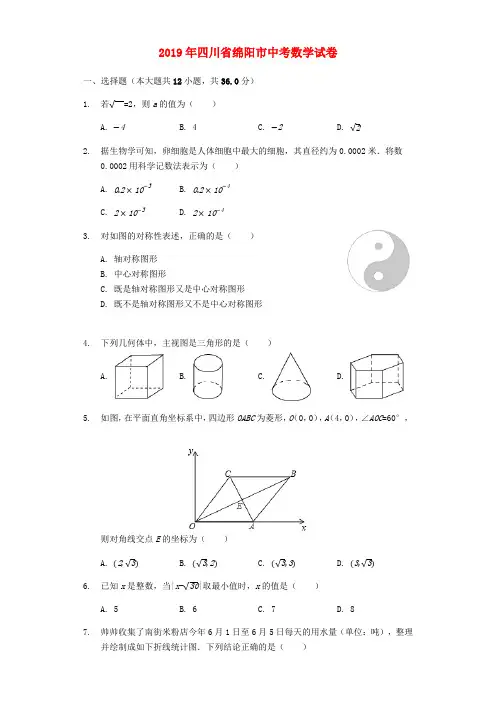 四川省绵阳市2019年中考数学真题试题(含解析)