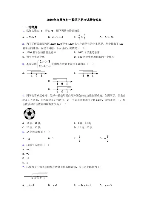 2019年自贡市初一数学下期末试题含答案