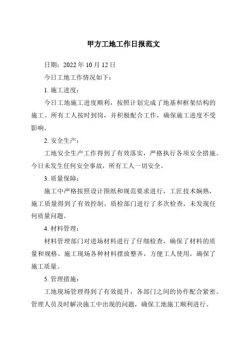 甲方工地工作日报范文