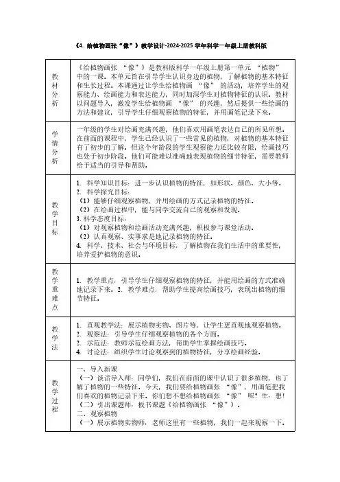 《4. 给植物画张“像”》教学设计-2024-2025学年科学一年级上册教科版