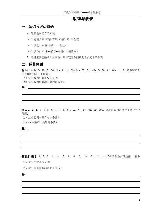 (完整word)四年级奥数找规律数列数表专题