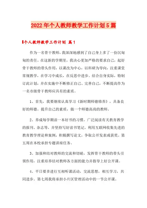 2022年个人教师教学工作计划5篇