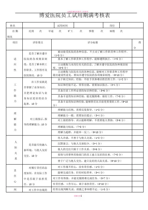医院新员工试用期考核表
