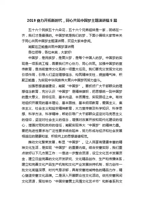 2019奋力开拓新时代，同心共筑中国梦主题演讲稿5篇