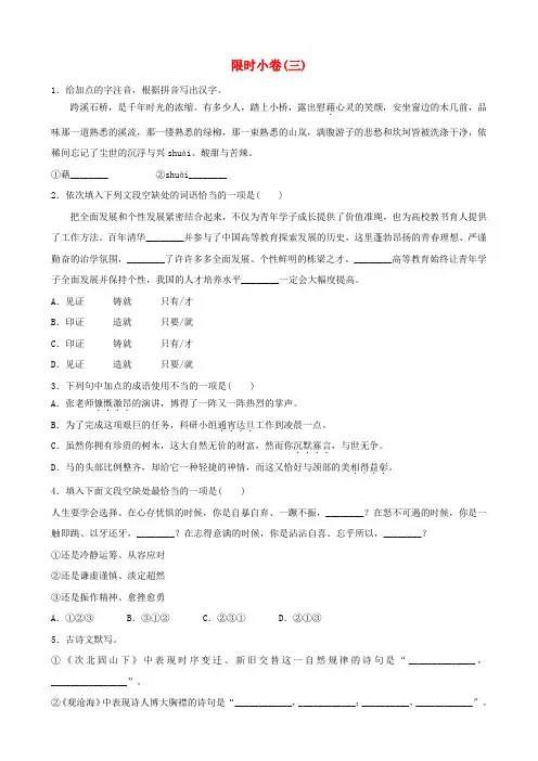 山东诗营市2019届中考语文总复习-限时小卷三(附答案)