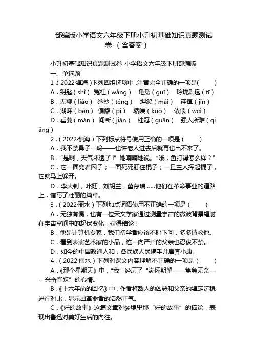 部编版小学语文六年级下册小升初基础知识真题测试卷-(含答案)