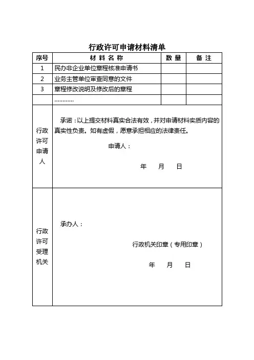 行政许可申请材料清单